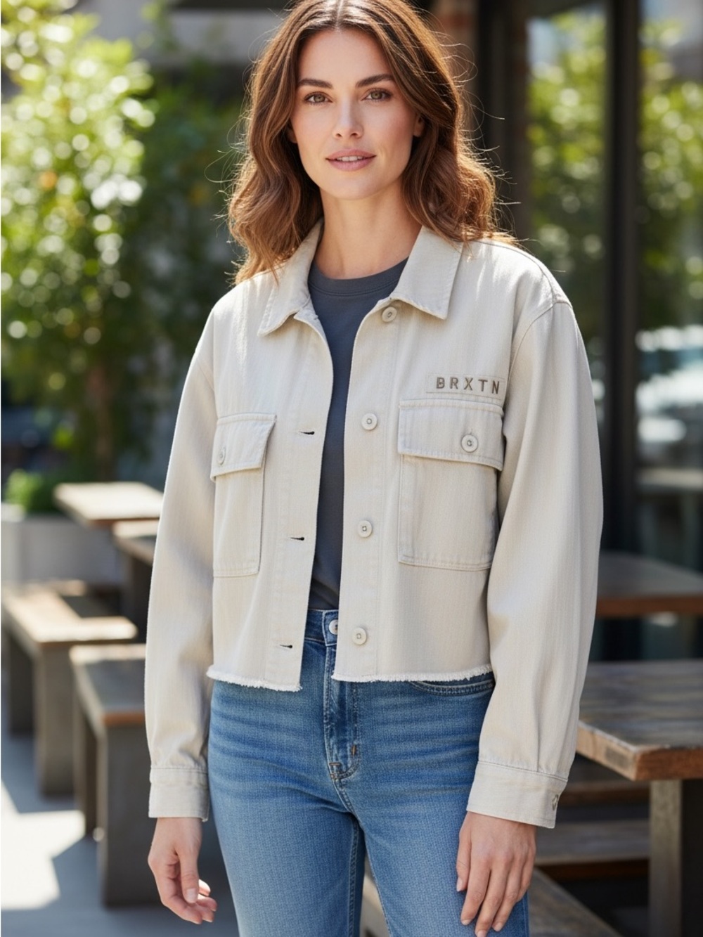 BRIXTON Women's Light Beige Cropped Utility Jacket size medium